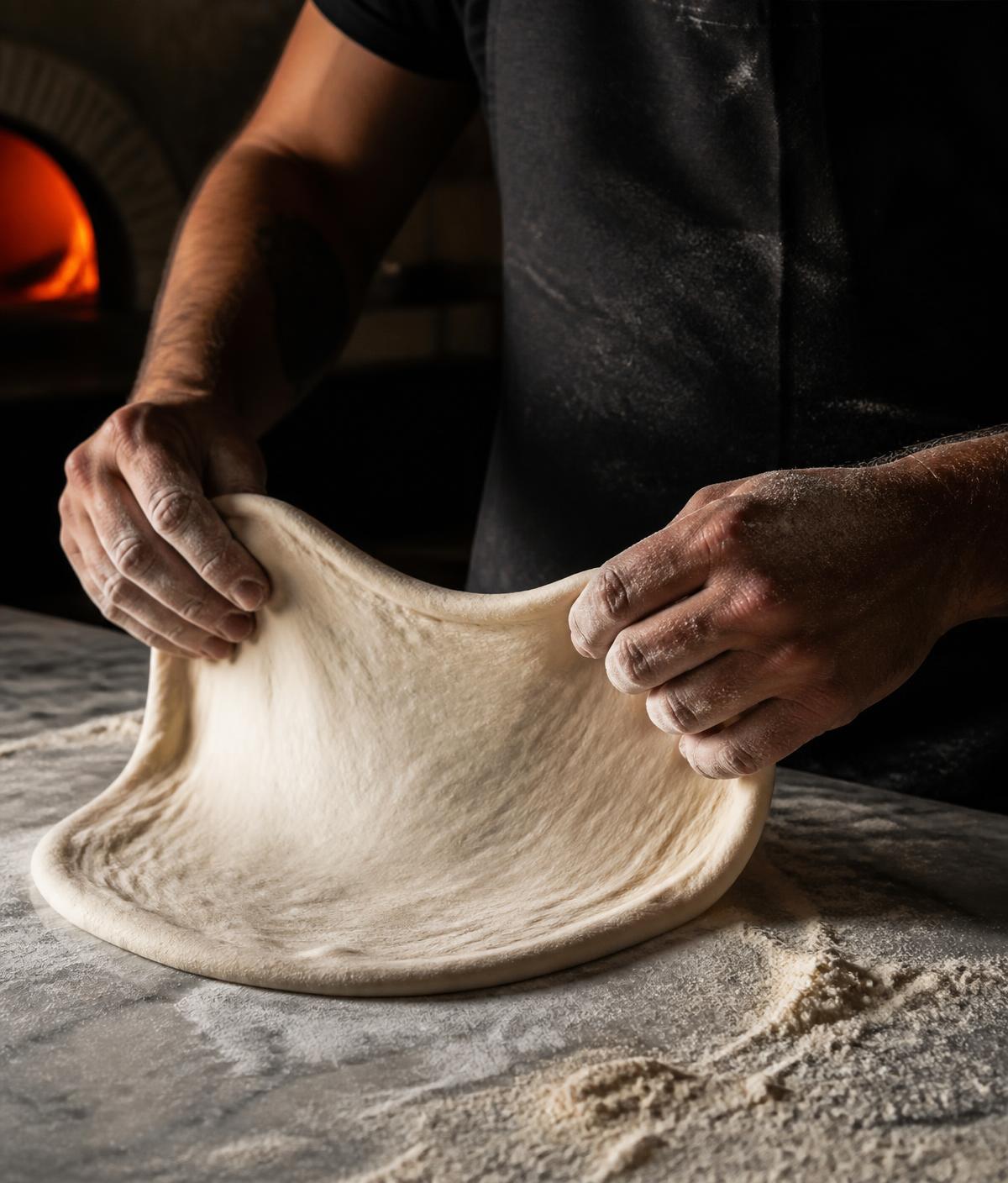 Pizzaiolo abrindo a massa à mão na bancada